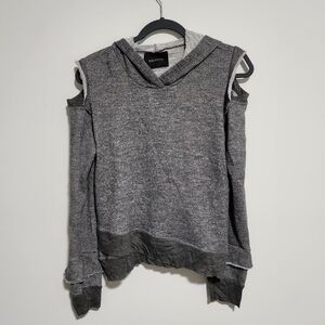 Six/Fifty Sweatshirt Womens Medium Gray Pullover Cold Shoulder Hoodie Distressed